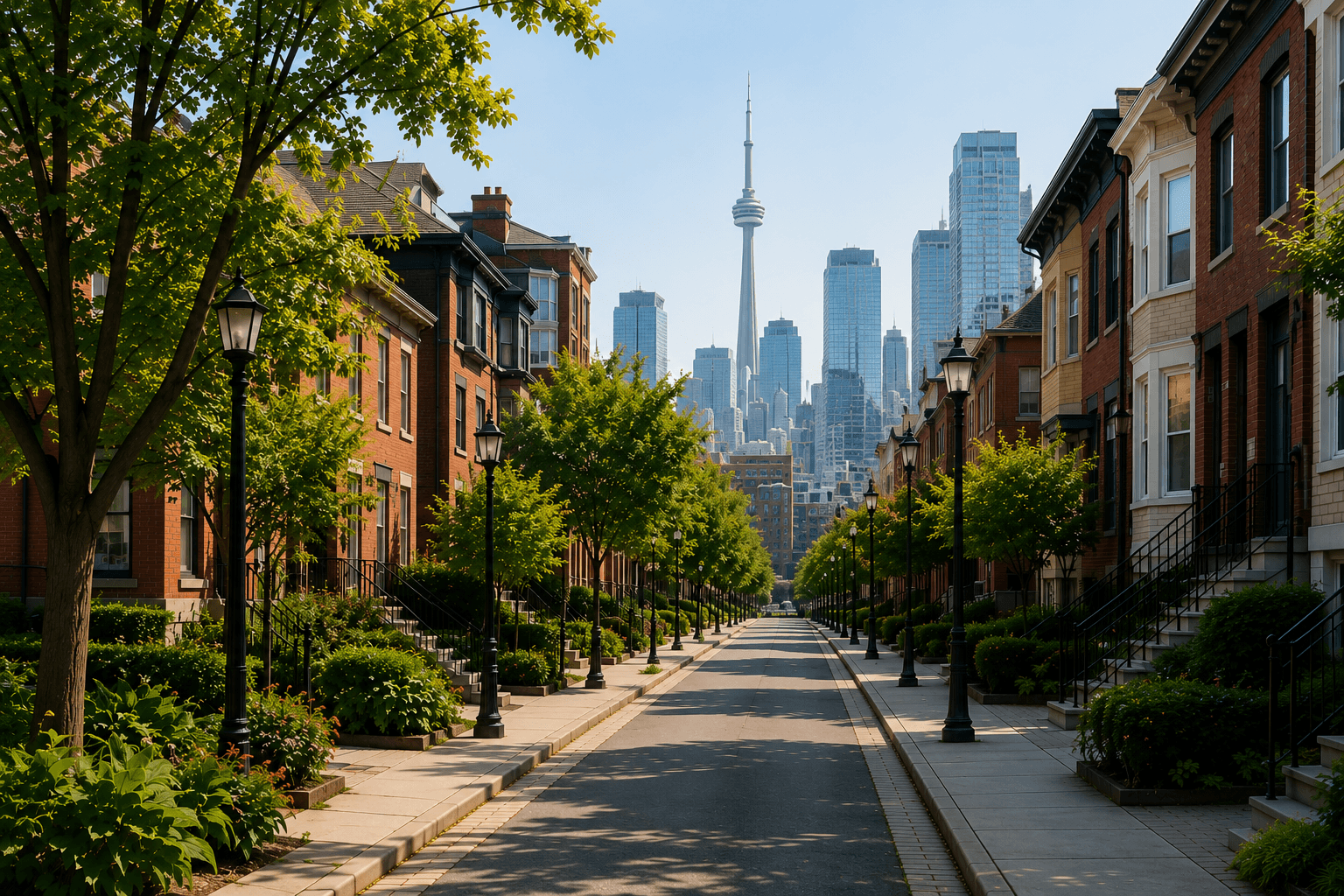 A Toronto neighbourhood street looking toward the city skyline
