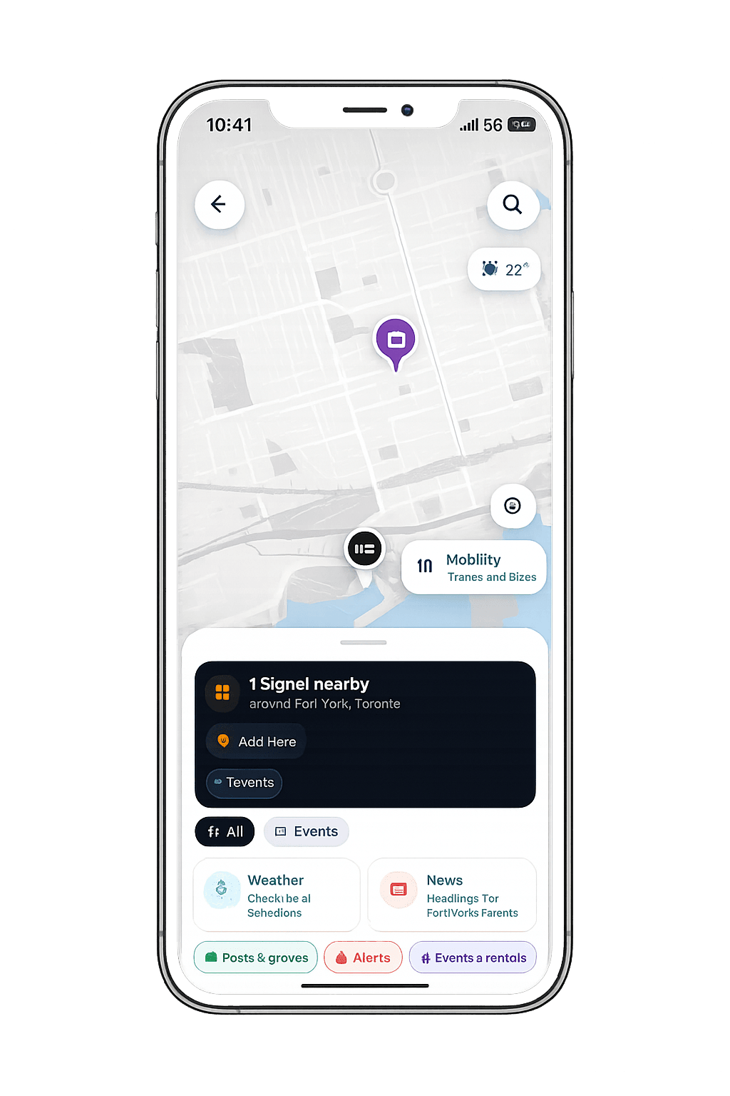 TWOROW map showing nearby events, news, alerts and shared items